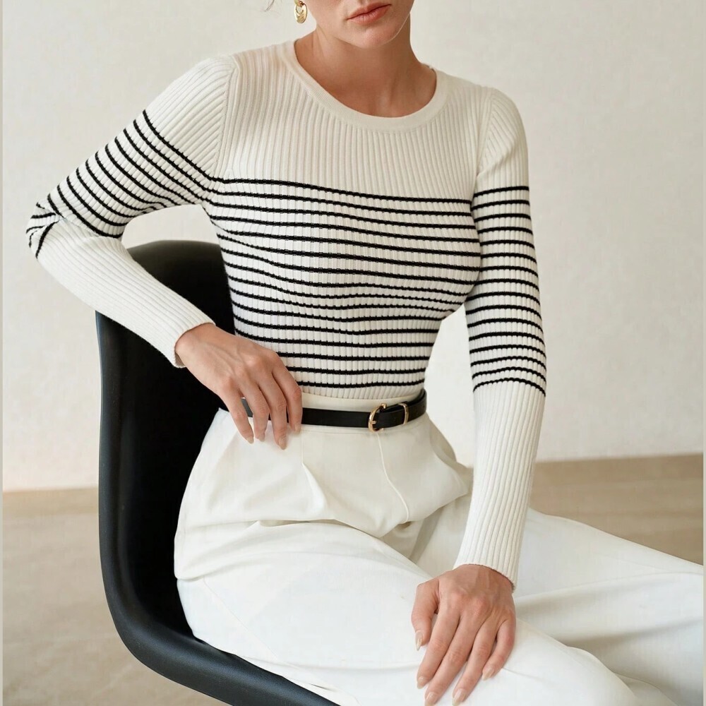 Cream Ribbed Knit Black Striped Crew Neck Sweater - Picture 2 of 8